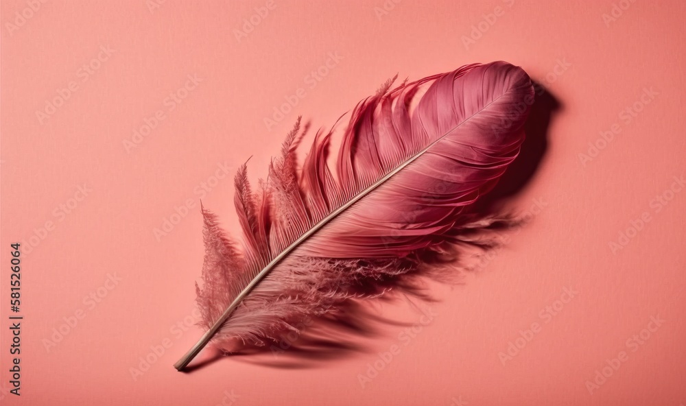 Poster a pink feather on a pink background with a shadow of a feather on the left side of the image and a s