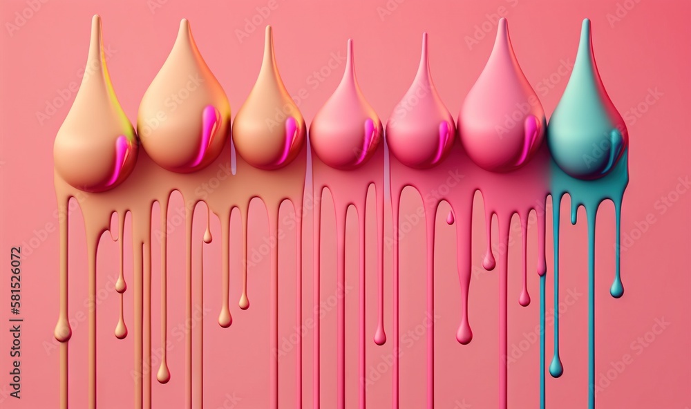 Poster  a row of different colored drips on a pink background with pink and blue paint dripping down the side of the row of the drips.  generative ai