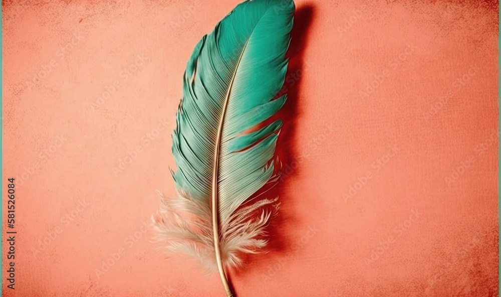 Poster a feather resting on a red surface with a blue frame around it and a red wall behind it with a red b