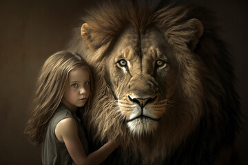 Ein kleines Mädchen, das von einem großen mächtigen Löwen beschützt wird. KI generierter Inhalt.