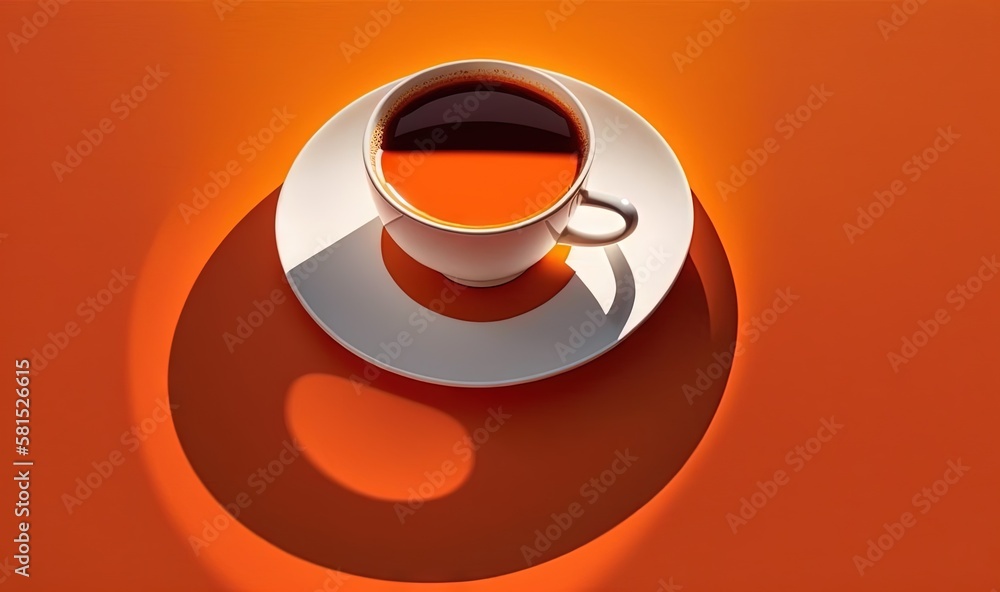 Poster a cup of coffee on a saucer on an orange background with a shadow of a cup of coffee on a saucer on 
