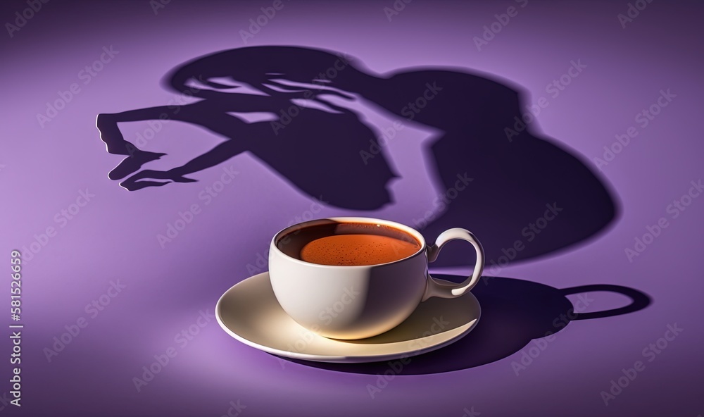 Aufkleber a cup of coffee with a shadow of a woman on the side of it on a saucer with a saucer in front of it.