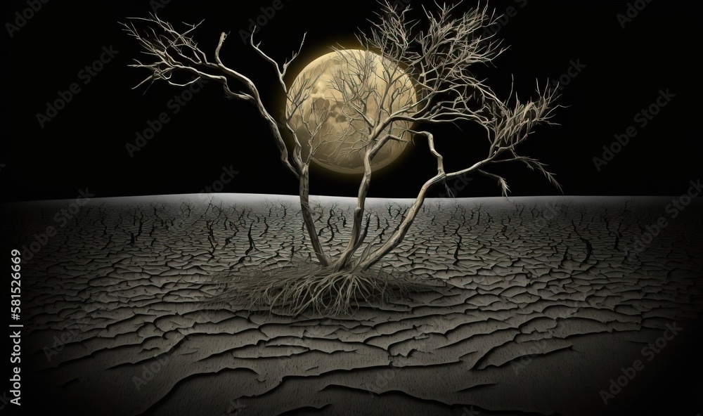 Poster a barren area with a tree and a full moon in the background with a black sky and a black and white p