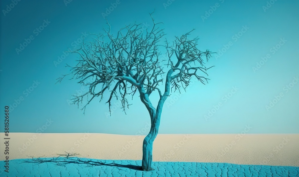 Poster a tree in the middle of a desert with a blue sky in the background of the picture is a barren area w