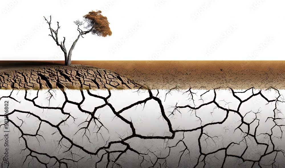 Poster a tree that is standing in the middle of a lake with water and mud on the ground and a tree with no 
