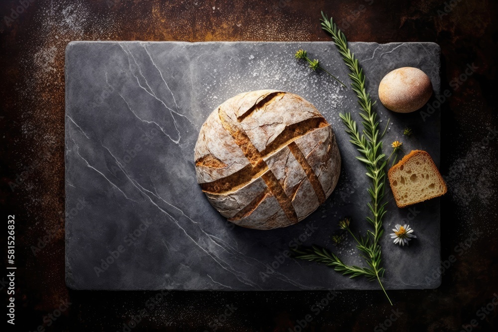 Poster on a stone table, fresh bread. view from above with room for your text. generative ai