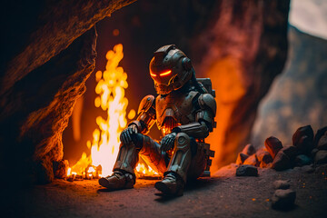 Alone humanoid robot warming themselves by a fire on a desert island in a cave. The concept of technology survival in difficult conditions of natural selection. Generative AI