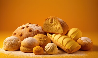  a pile of different types of bread on a yellow background with a yellow background behind it and a yellow background with a yellow background behind it.  generative ai
