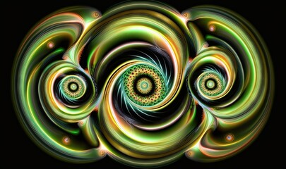  a computer generated image of a spiral design in green and yellow colors with a black background and a black background with a white center in the middle.  generative ai