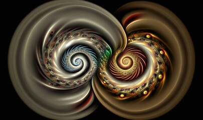  a computer generated image of two spirals in brown and yellow colors on a black background with a green center and a yellow center in the middle.  generative ai