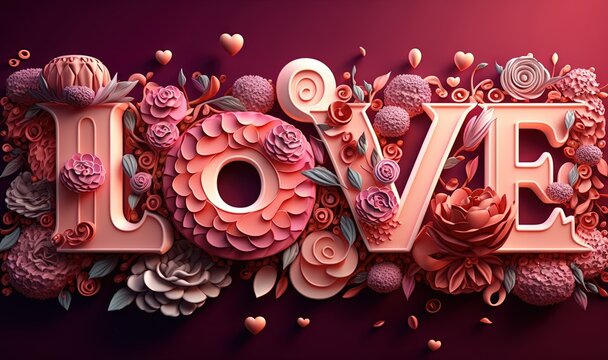  the word love made out of paper flowers and hearts on a purple background with pink and red flowers in the shape of a flower arrangement.  generative ai
