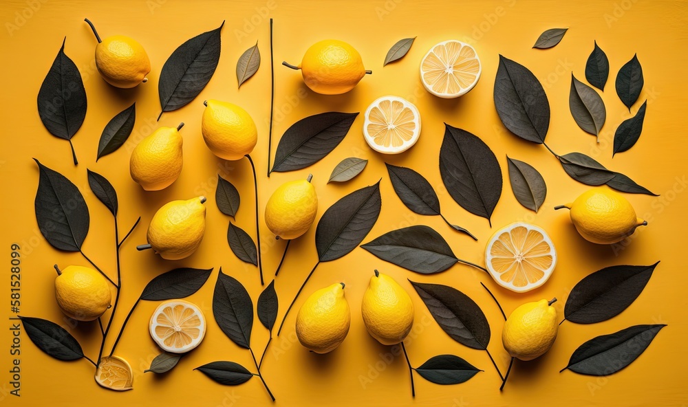 Aufkleber lemons and leaves on a yellow background with leaves and lemons on the side of the image and a lemon