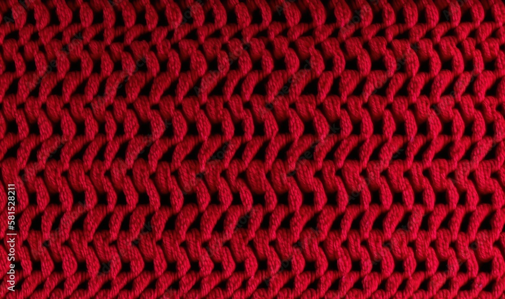 Poster  a close up of a red knitted material with a pattern on the side of the fabric and a black background with a white border.  generative ai