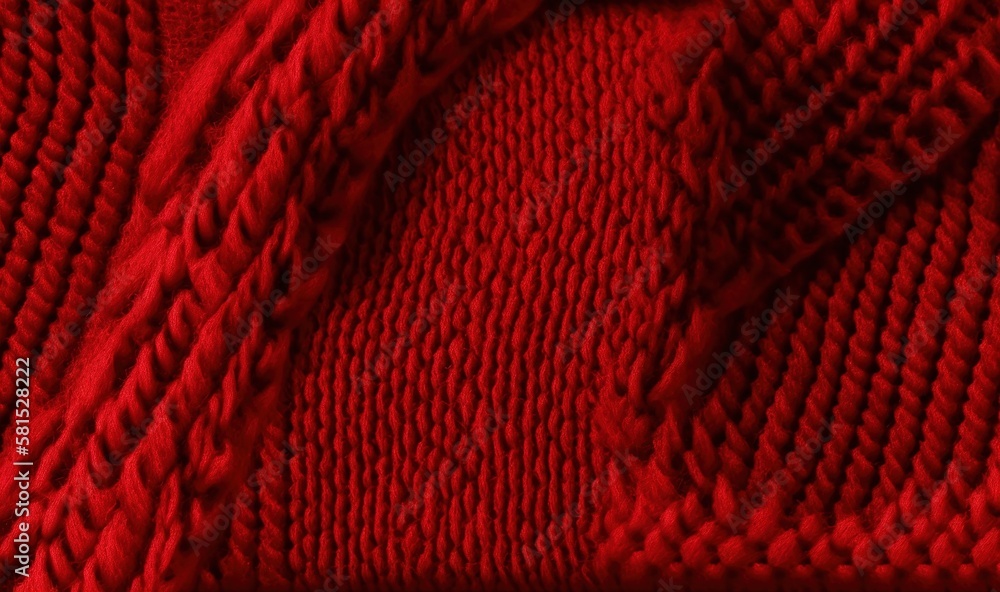 Poster a close up of a red sweater with a pattern on the bottom of it and a black background with a white l