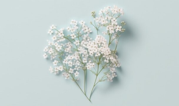  a bunch of small white flowers on a blue background with space for a text or a picture to put on a card or brochure.  generative ai