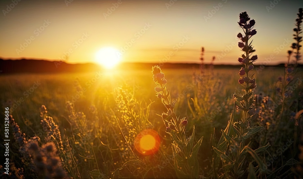 Poster a field of grass with the sun setting in the background and a field of flowers in the foreground wit