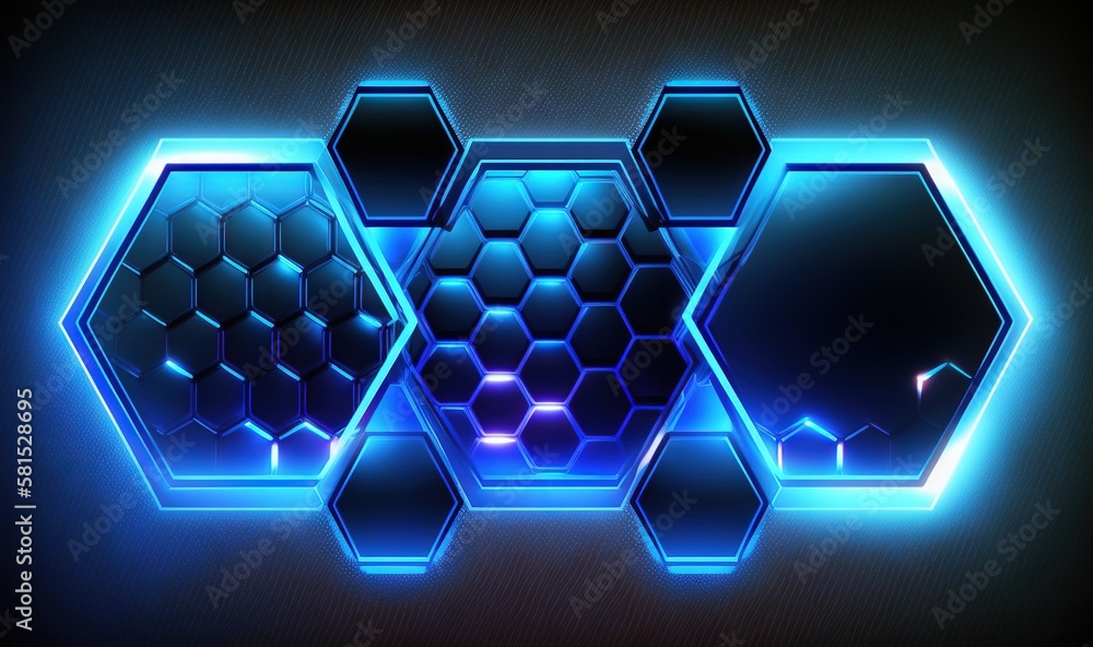 Poster a blue and black background with hexagons and neon lights in the middle of the image and a black bac