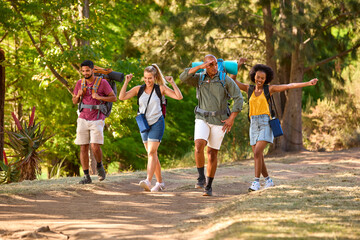 Group Of Friends With Backpacks On Vacation Hiking Through Forest Countryside Together