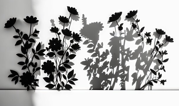  a black and white photo of a plant with long stems and leaves casting a shadow on the wall of a room with a white wall.  generative ai