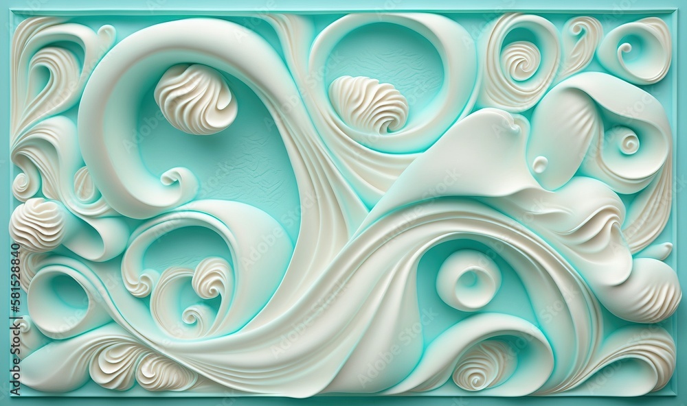Poster a blue and white abstract painting with swirls and waves on a blue background with a white frame in 