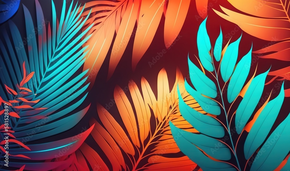Poster a bunch of colorful leaves on a black background with a red and blue color scheme in the middle of t
