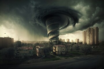 A terrible tornado destroys the city. Gloomy urban landscape. AI