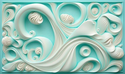  a blue and white abstract painting with swirls and waves on a blue background with a white frame in the middle of the picture is a square shape of a rectangle.  generative ai