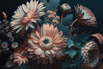 Floral background. Beautiful spring flowers pattern. Blooming flowers on dark background. Design for greeting card. Created with Generative AI
