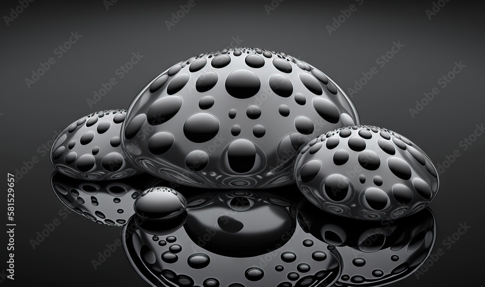 Poster a group of bubbles floating on top of a black surface with water droplets on it and a black backgrou