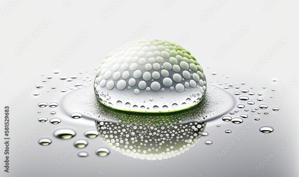 Poster a white and green object floating on top of a puddle of water with drops of water around it on a whi