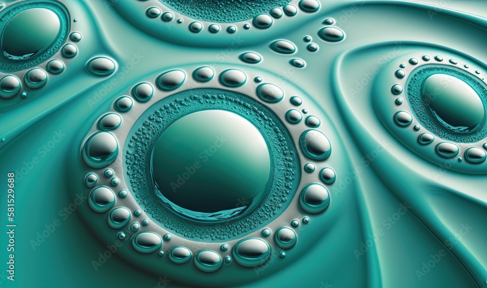 Poster a close up view of a blue liquid with bubbles and bubbles on it's surface, with a circular design in