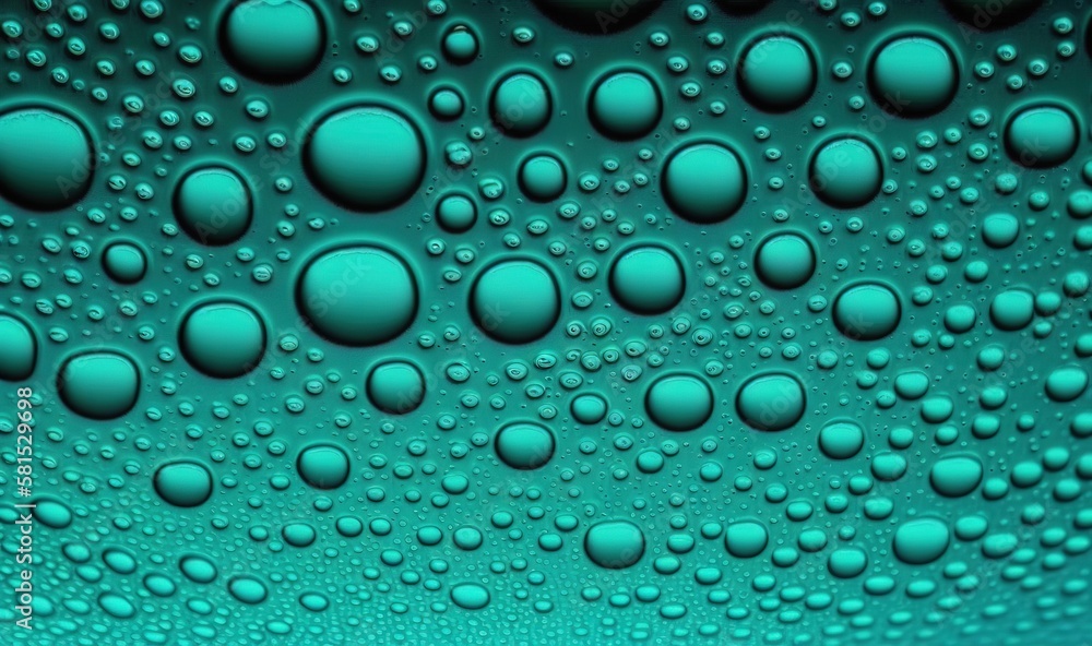 Poster a close up view of water bubbles on a green surface with a black background. generative ai
