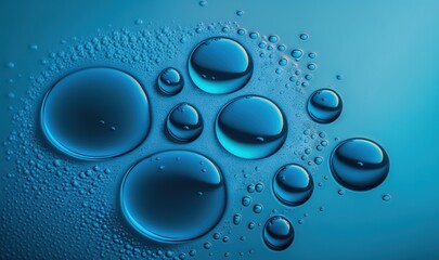  a group of blue bubbles floating on top of a blue water surface with drops of water on the bottom of the bubbles and the bottom of the bubbles.  generative ai