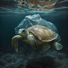 Turtle swimming, stuck in a plastic bag. Plastic pollution concept. 