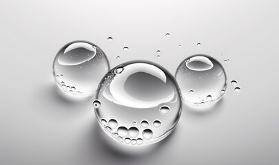  three bubbles of water on a gray background with bubbles of water on the bottom of the bubbles and the bottom of the bubbles are in the air.  generative ai