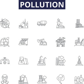 Pollution line vector icons and signs. Stench, Exhaust, Fumes, Gases, Smog, Debris, Poisons, Toxins outline vector illustration set