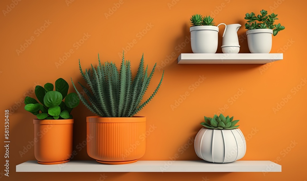 Wall mural  a shelf with three potted plants on it and a shelf with two pots on it on the side of the wall with a shelf.  generative ai