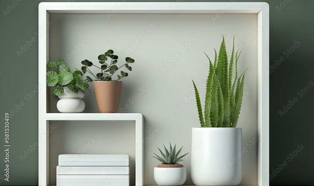 Poster  a shelf with a potted plant and a stack of books next to a stack of books on a shelf with a plant on top.  generative ai