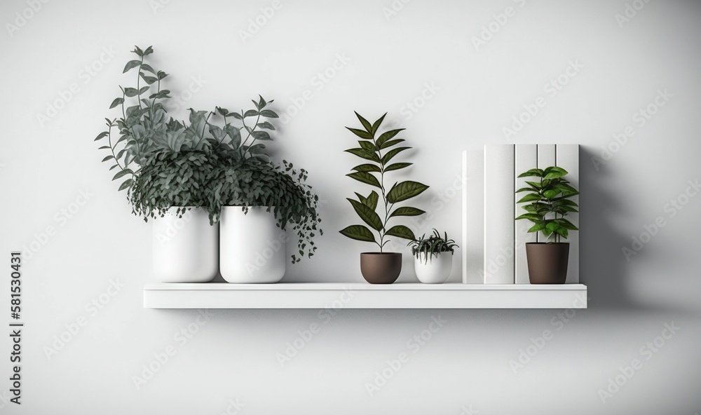 Poster a shelf with three plants and a book on top of it and a white bookcase behind it on a white wall wit