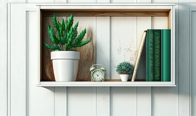  a shelf with books, a clock and a potted plant on top of a wooden shelf next to a white painted wall with white paneling.  generative ai