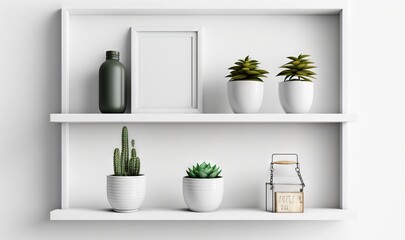  three white shelves with plants and a picture frame on top of one of the shelves is a clock and a bottle of wine on the other shelf.  generative ai