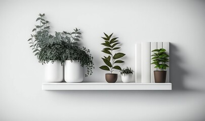  a shelf with three plants and a book on top of it and a white bookcase behind it on a white wall with a white background.  generative ai