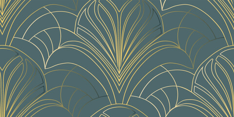 Art Deco Style Retro Seamless Pattern. Luxury blue vector background with golden metallic lines. Elegant vintage backdrop for textile, business stationary, home decor, wrapping paper