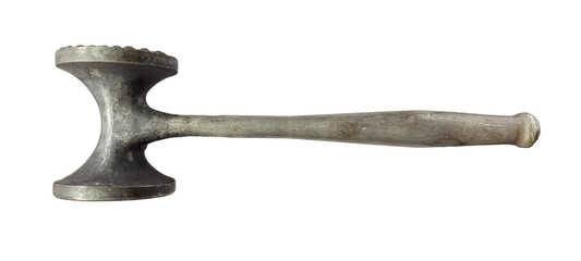 Metal meat tenderizer. Meat hammer. Close up of meat mallet. Old metal kitchen utensil. Hammer for...