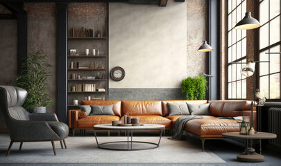 Illustration of living room interior in loft industrial style. Generative AI