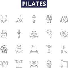 Pilates line vector icons and signs. Reformer, Mat, Contrology, Balance, Core, Body, Flexibility, Stretching outline vector illustration set