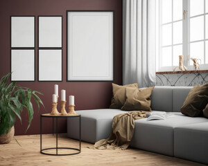 Poster frame mockup in modern home interior background, 3d render, Generative AI