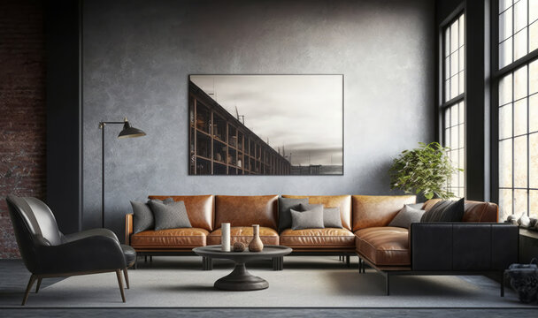 Illustration of living room interior in loft industrial style. Generative AI