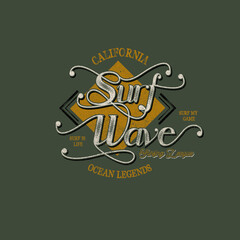 Obraz premium Vintage Surf theme typography t-shirt design print vector illustration,label,signature, symbol, poster prints
