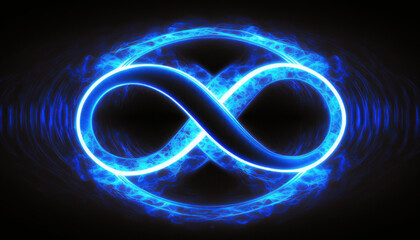blue infinity forever endless symbol sign with black background Generative AI, Generativ, KI - obrazy, fototapety, plakaty